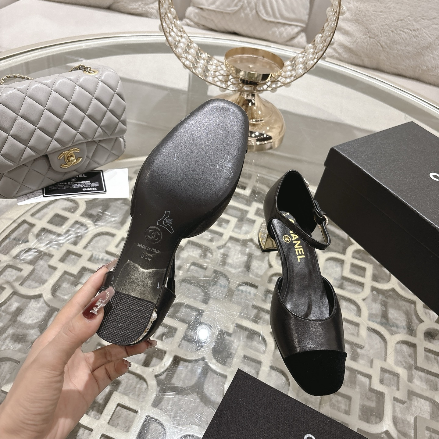 Chanel Pearl Embellished Mary Janes with Double C Buckle, Lambskin, Black 10 i1753591450849 4539 0 8