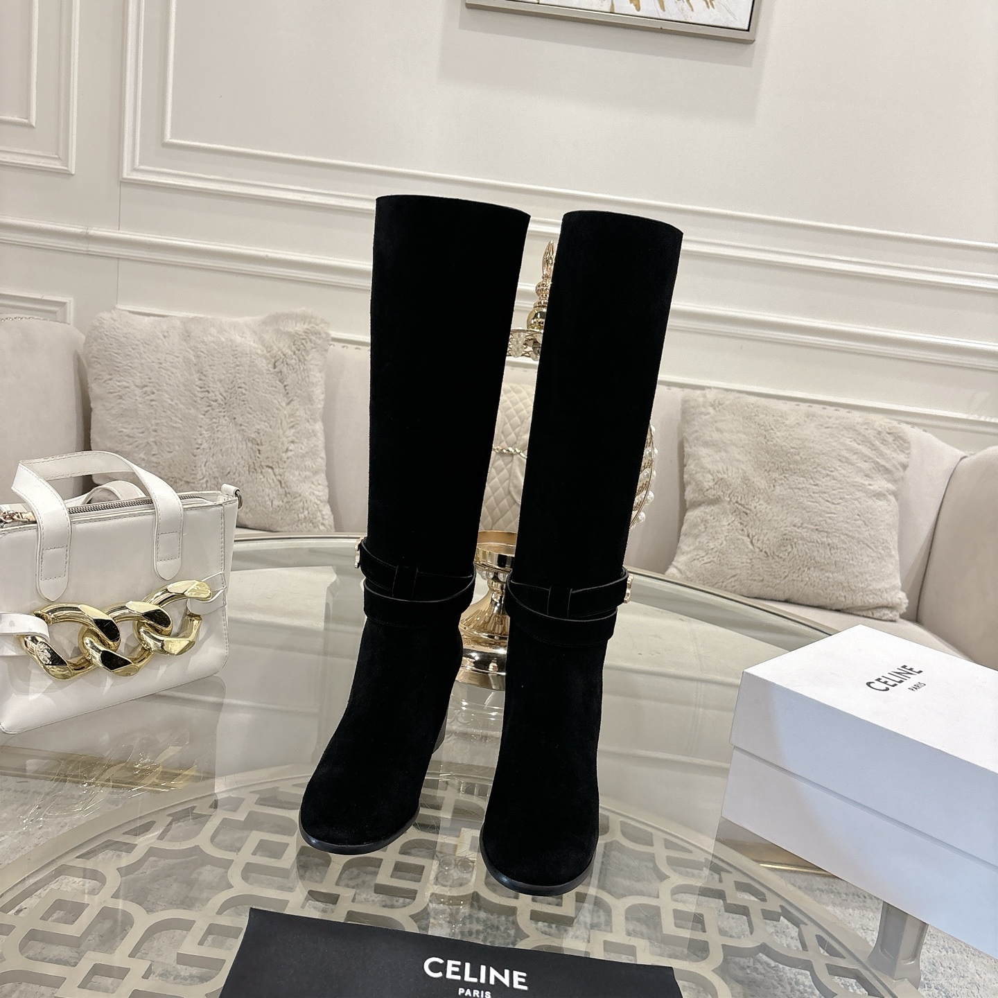 Celine Women's Black Leather Heeled Knee High Boots with Logo Detail