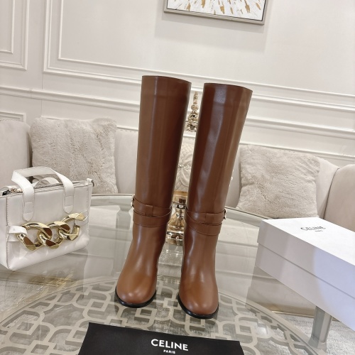Celine Women's Brown Leather Heeled Knee-High Boots with Logo Accent 1 Celine Women's Brown Leather Heeled Knee-High Boots with Logo Accent