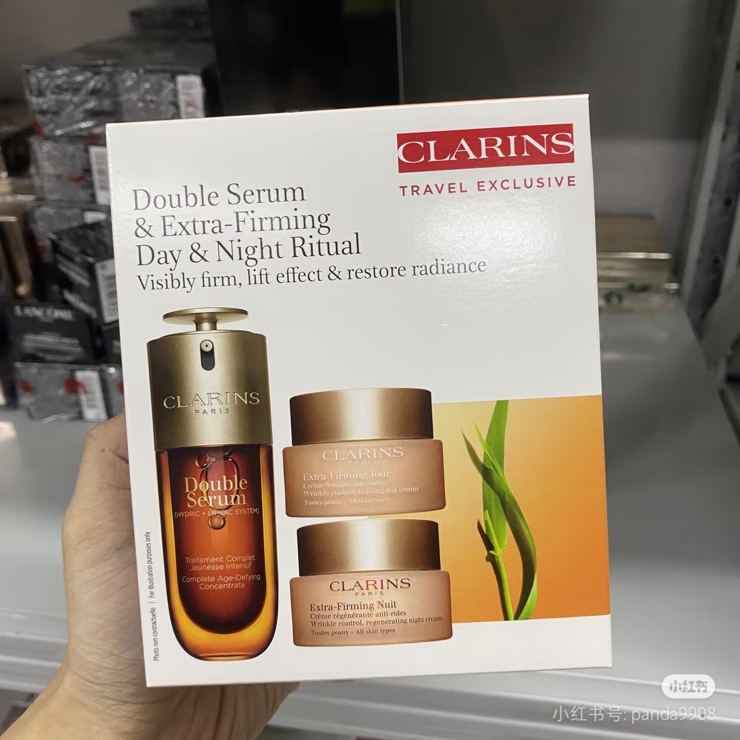 120! Nuevo set de tres piezas Clarins Extra-Firming: contiene Sérum Doble Concentrado 9ª generación 50ml + Crema de día…