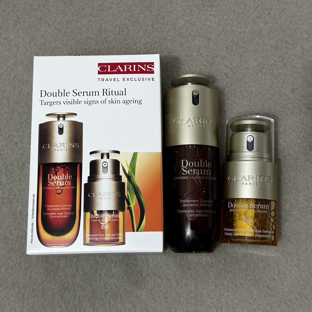 Clarins Double Serum y Eye Serum dos piezas, novena generación. Incluye: sérum 50ml, sérum de ojos dos en uno 20ml.
