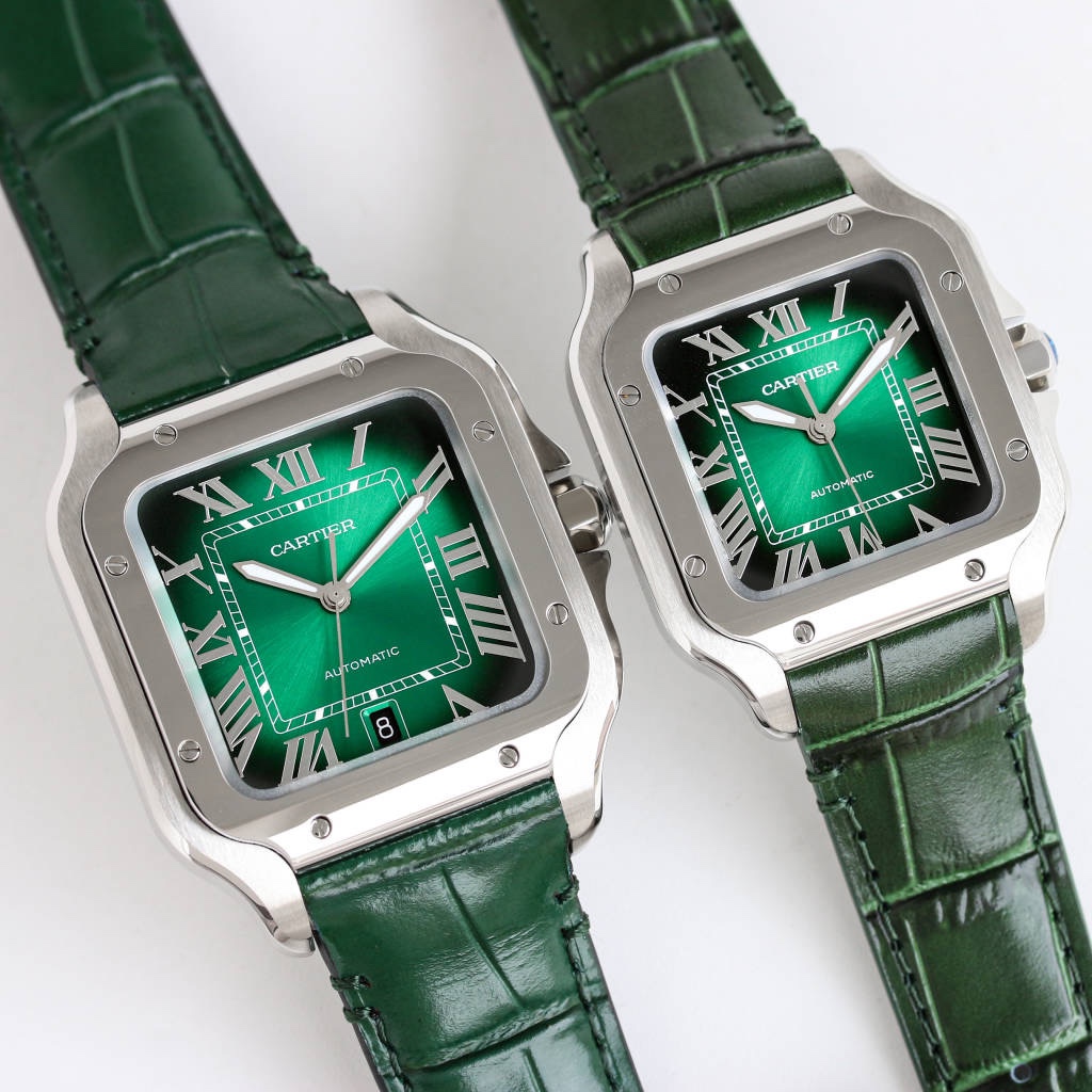 NO:148420,Production from Taiwan factory - Cartier SANTOS series watches Technical features 1 Mirror sapphire glass mirror ten fisheye glass, glass with anti-fingerprint ten transparent film, making the glass surface clearer, 2 strap steel bracelet, Italian cowhide strap, head grain foreskin technology is the same as the original, belt will not be glued, equipped with the latest counter double snaps, double long tail ten sand buckles in different markets 3 case steel and ADLC carbon coating 4 crown stainless steel crown, blue multi-section synthetic pointed gemstone, gems will turn red 5 dial men's 9 face versions are available, men's tape is black, blue, women's 5 face versions, 5 color leather, 6 size 47.5X39.8X9.38MM, women's size 35.1x43.5, thickness 9.1 7 movement imported machine  8 configuration quick disassembly, quick disassembly strap, cartier, cowhide19860909台湾厂出品-卡地亚SANTOS系列腕表 技术特点 1镜面蓝宝石玻璃表镜十鱼眼玻璃,玻璃电了防指纹十透明膜,让玻璃面更加清晰, 2表带精钢表链、意大利牛皮表带,头粒包皮技术和原装一致,皮带不会开胶,配置最新专柜双按扣,不同市场的双长尾十沙扣 3表壳精钢、ADLC碳镀层 4表冠精钢表冠、镶嵌蓝色多切面合成尖宝石,宝石会变红 5表盘男款9个面版可选,男款胶带有黑,兰色,女款5个面版,5种色皮, 6尺寸47.5X39.8X9.38MM,女款尺寸35.1x43.5,厚度都9.1 7机芯进口机 8配置快拆头粒,快拆表带,,cartier,cowhide,Watch