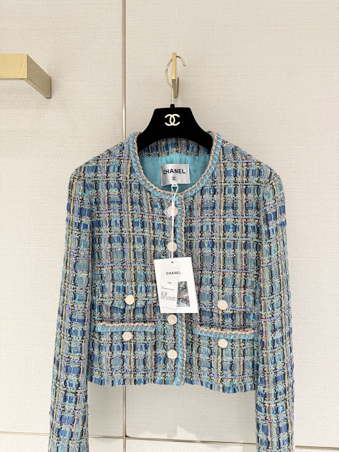 Chanel Blue Tweed Round Neck Cropped Jacket