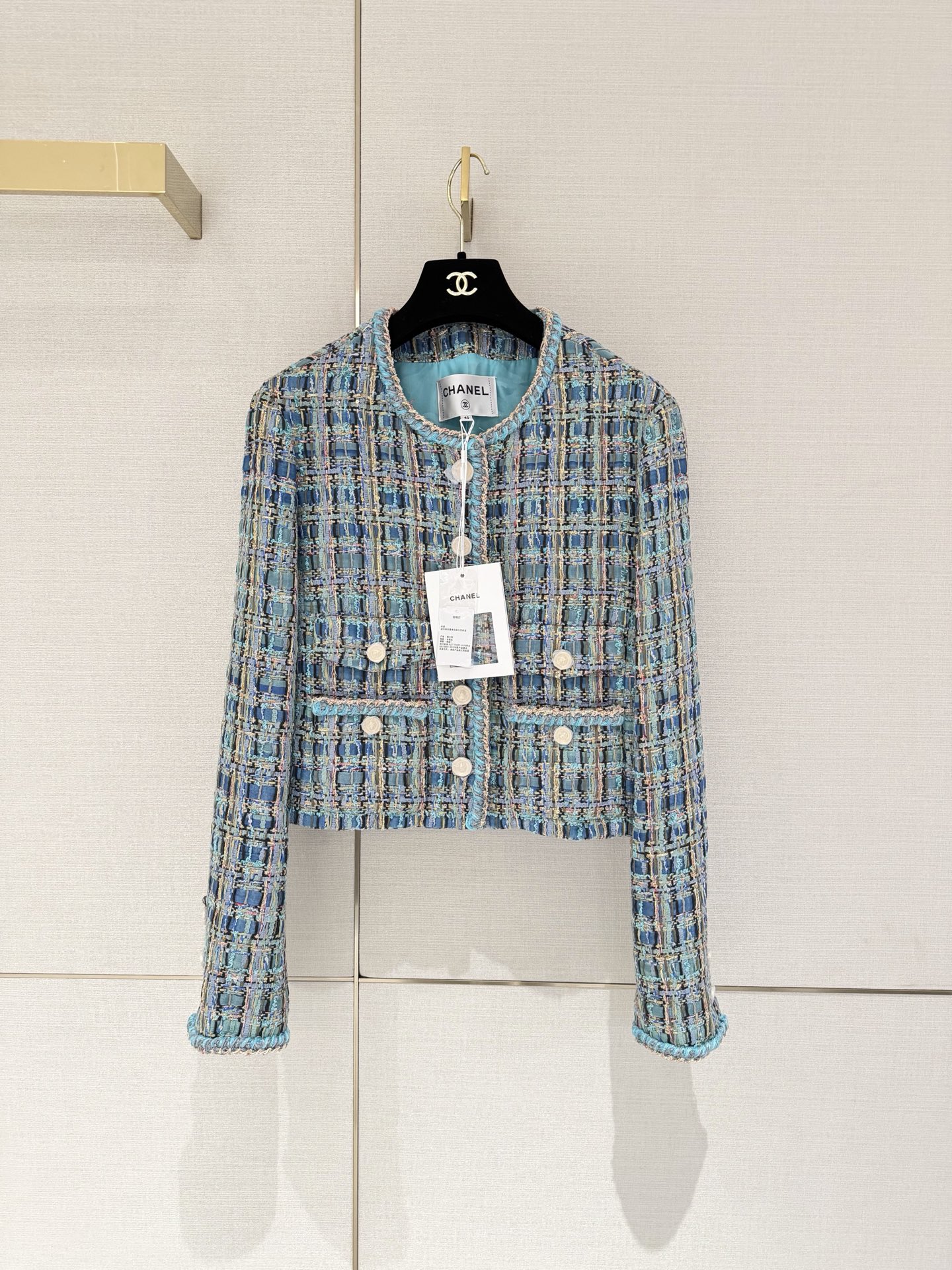 Chanel Blue Tweed Round Neck Cropped Jacket