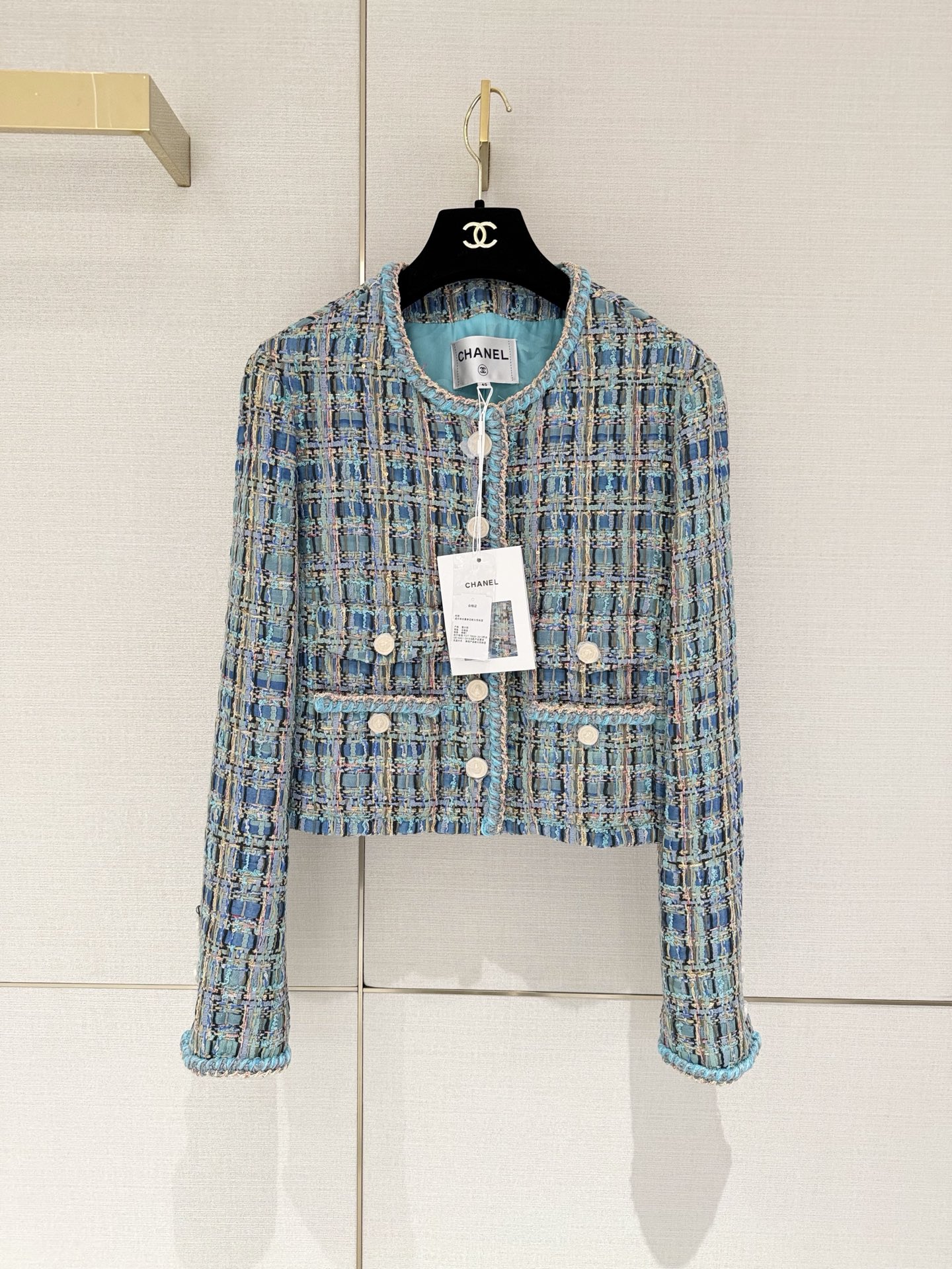 Chanel Blue Tweed Round Neck Cropped Jacket