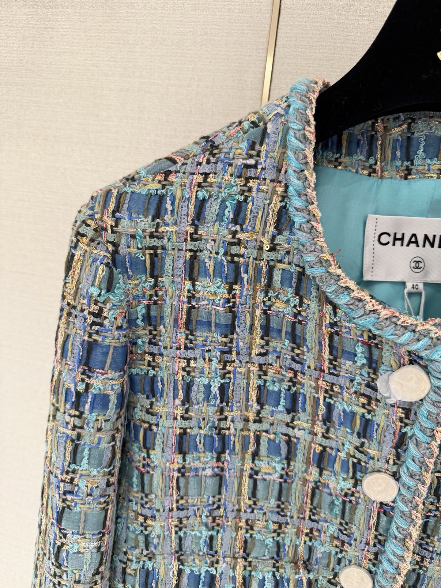 Chanel Blue Tweed Round Neck Cropped Jacket