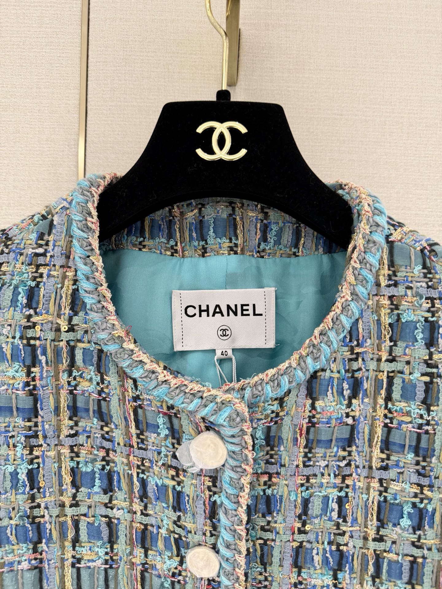 Chanel Blue Tweed Round Neck Cropped Jacket