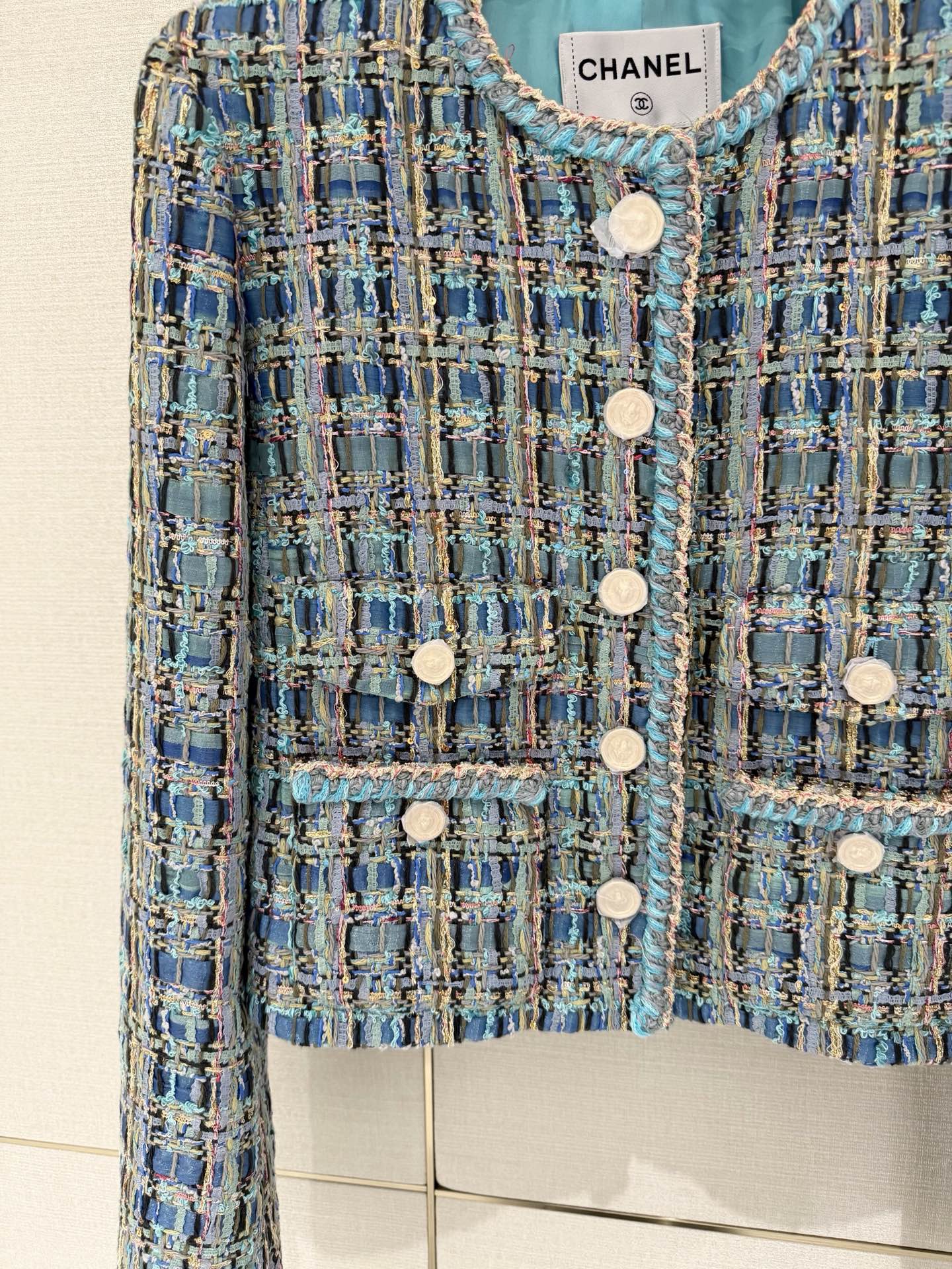 Chanel Blue Tweed Round Neck Cropped Jacket