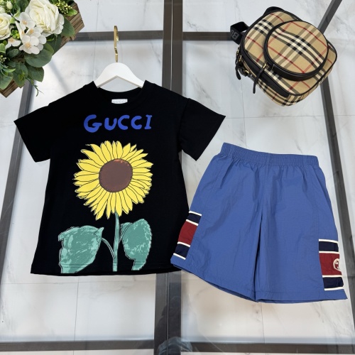 Gucci Kids Sunflower Logo Print T-Shirt & Shorts Set, Black/Blue 1 Gucci Kids Sunflower Logo Print T-Shirt & Shorts Set, Black/Blue