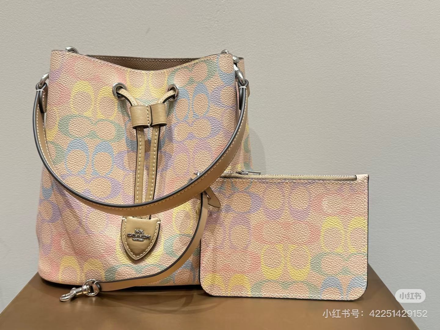 [New Style] Rainbow Fortune Bucket Coach Outlet CDA92 new Rowan drawstring bucket bag, detachable zipper clutch with central open compartment and