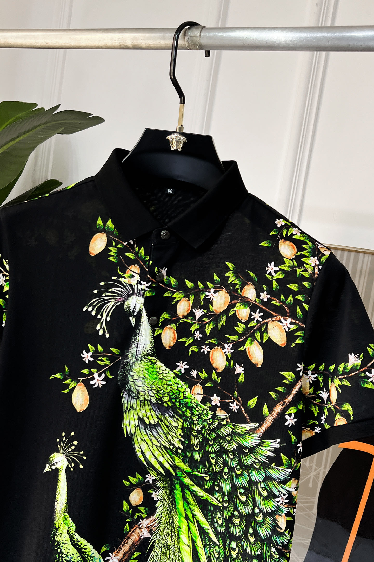 Versace Men's Black Polo Shirt with Peacock and Lemon Print - Casual Fashion 3 i1738640295350 155 0 2