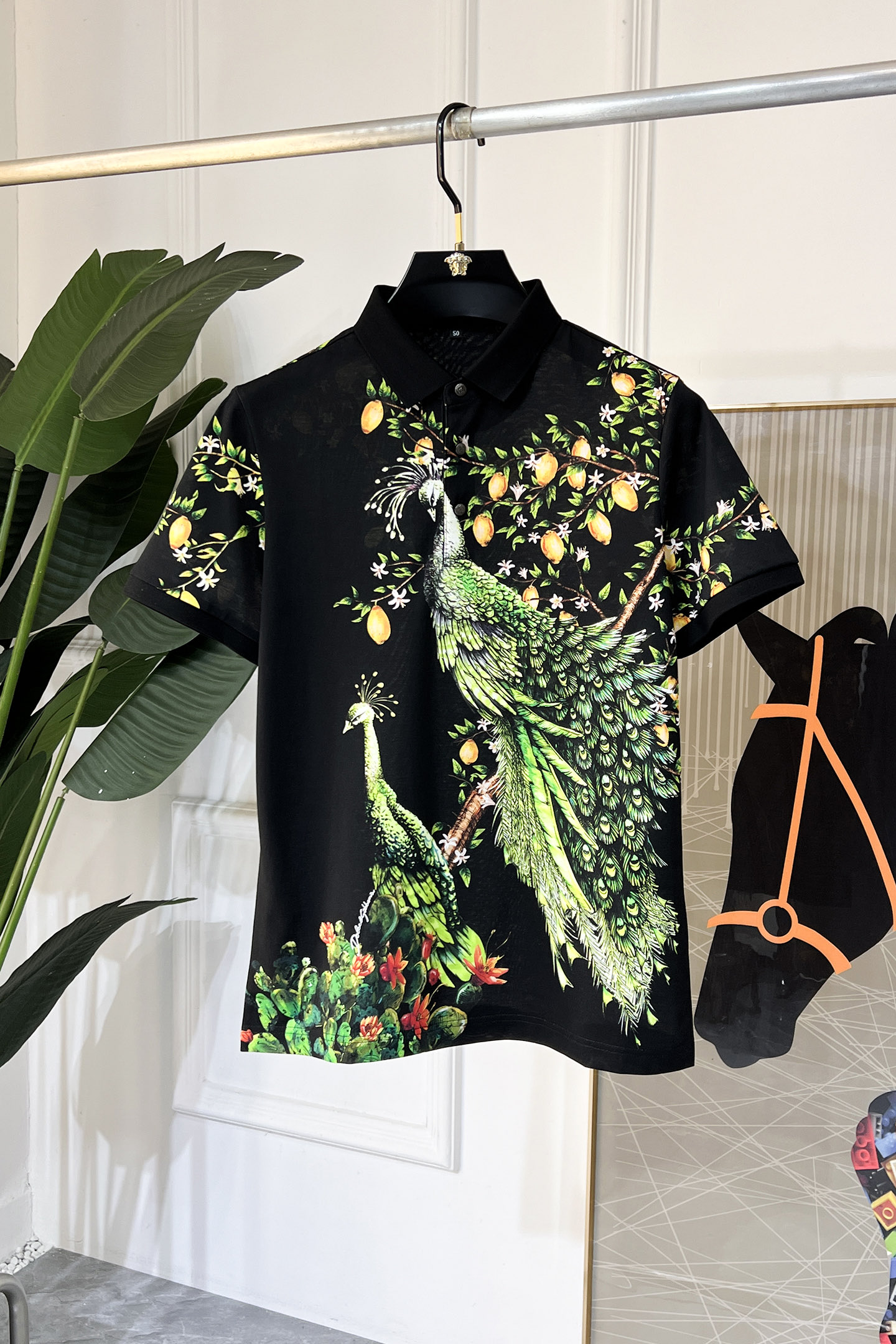 Versace Men's Black Polo Shirt with Peacock and Lemon Print - Casual Fashion 1 i1738640297615 8942 0 0