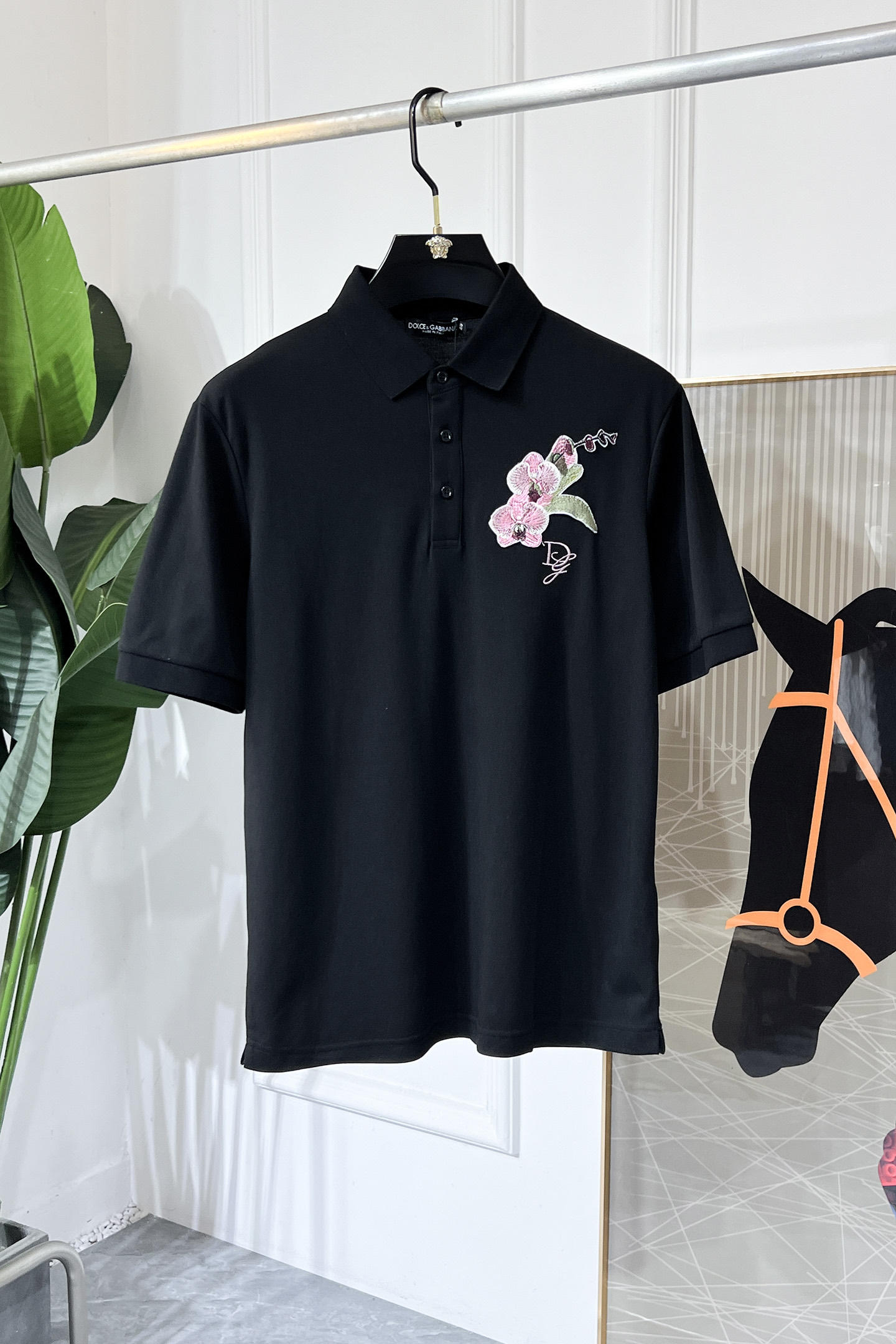 Dolce & Gabbana Black Polo Shirt with Floral Embroidery - Slim Fit