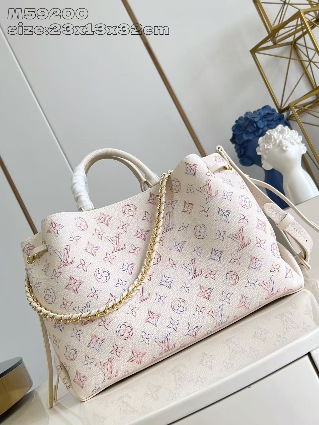 Louis Vuitton Bella Tote Bag M59200 White Leather with Strawberry Print