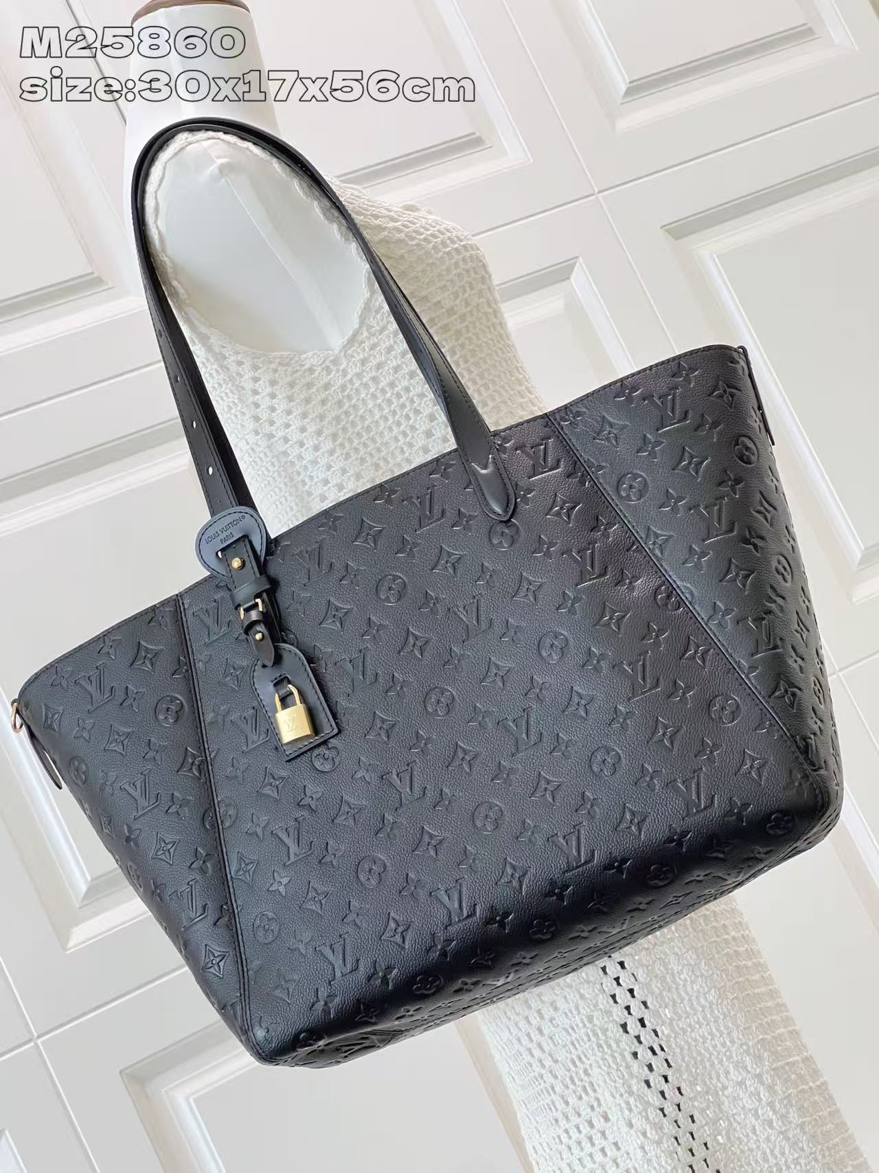 Louis Vuitton Black Embossed Leather Tote Bag with Padlock Charm