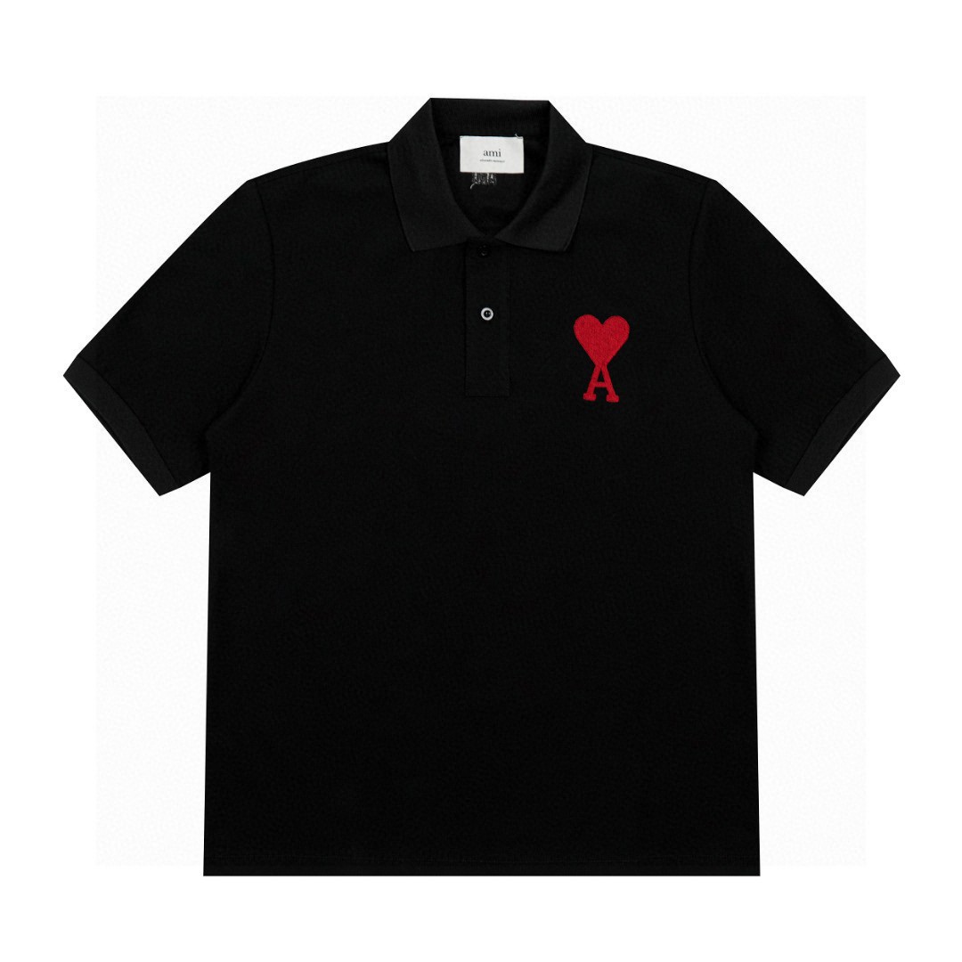 AMI PARIS Classic Heart Logo Polo Shirt, Embroidered Short Sleeve Top
