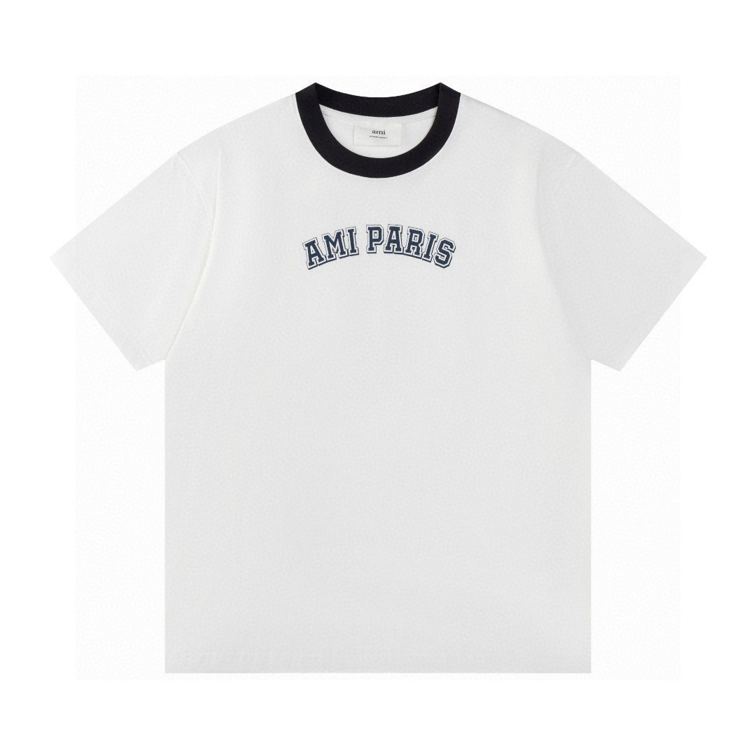 Ami Paris 2025SS Ringer T-Shirt with Embroidered Logo - Soft & Durable Cotton