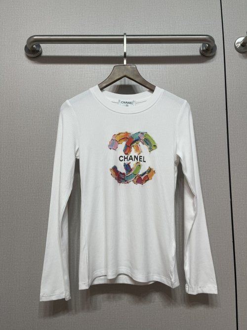 Chanel Women's White Long Sleeve T-Shirt Top with CC Logo - Spring Collection 1 Chanel Women's White Long Sleeve T-Shirt Top with CC Logo - Spring Collection