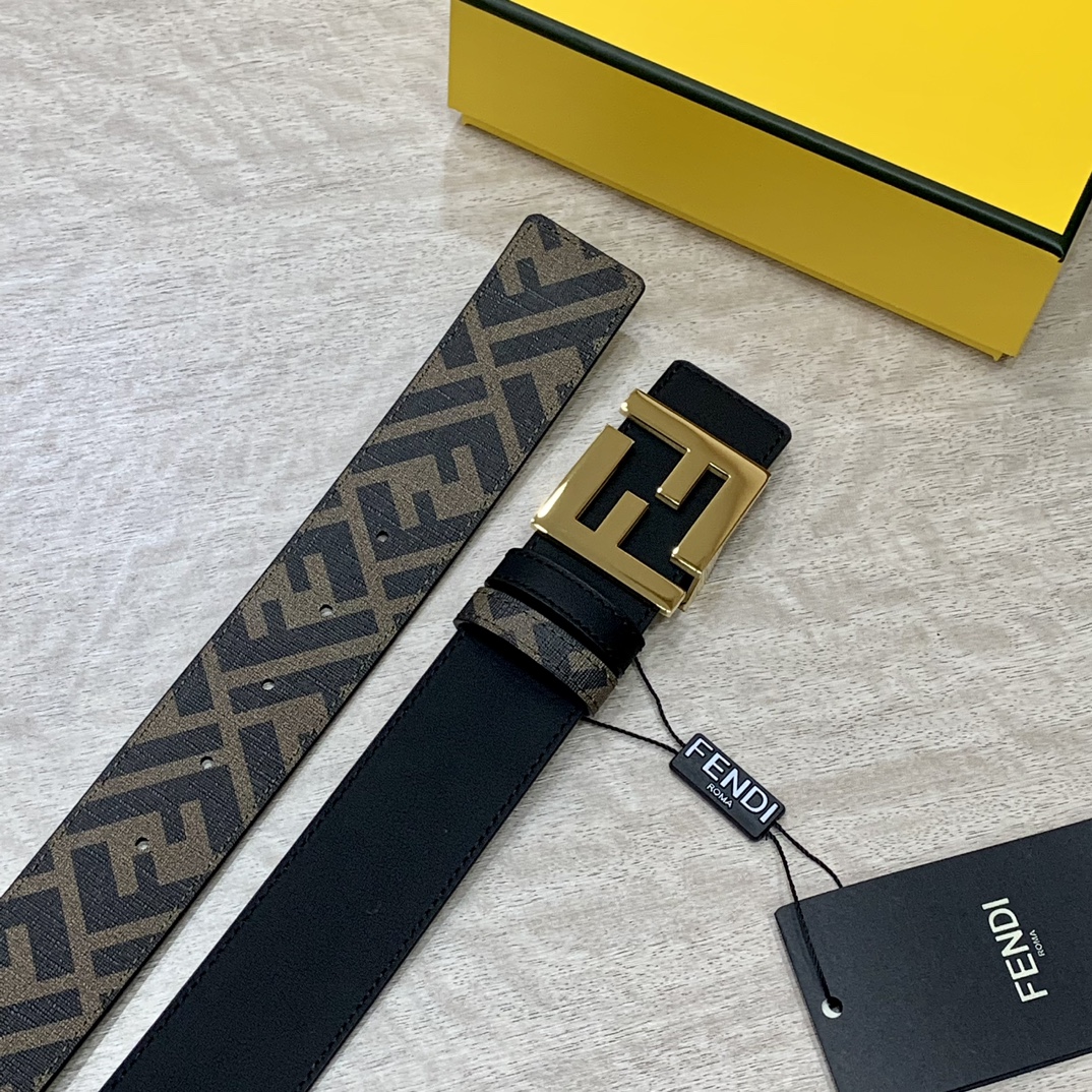FENDI芬迪专柜同款宽4.0CM双环正反用腰带FF按钉搭扣黑色CuoioRomano皮革材质反面面料带