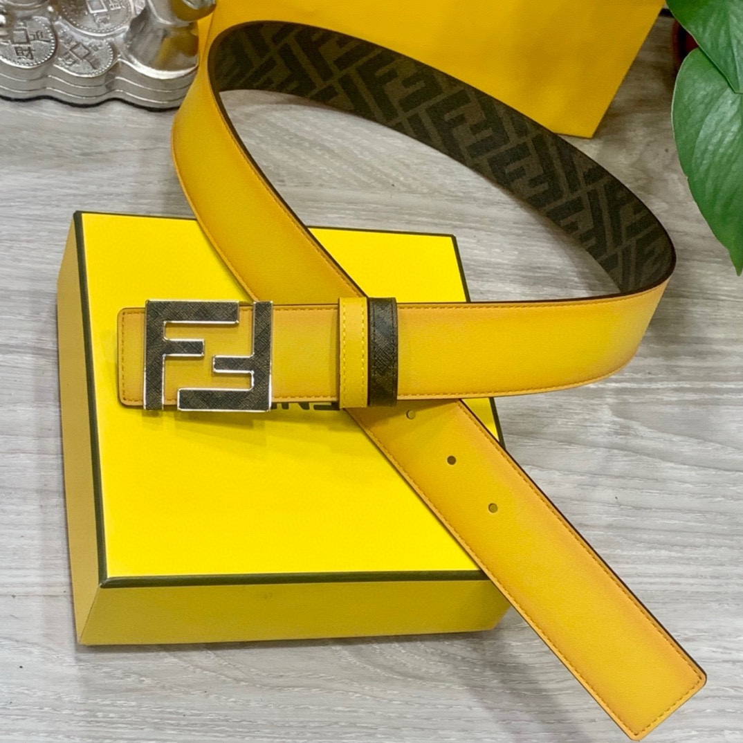 Original FENDI (Fendi) boutique same style width 4.0CM double ring reversible belt FF snap buckle two-tone Cuoio Romano…