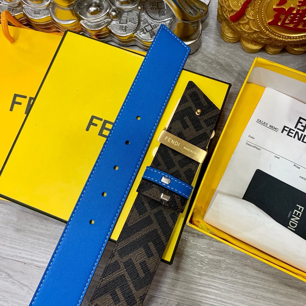 FENDI芬迪专柜同款宽4.0CM双环正反用腰带FF按钉搭扣黑色CuoioRomano皮革材质反面面料带