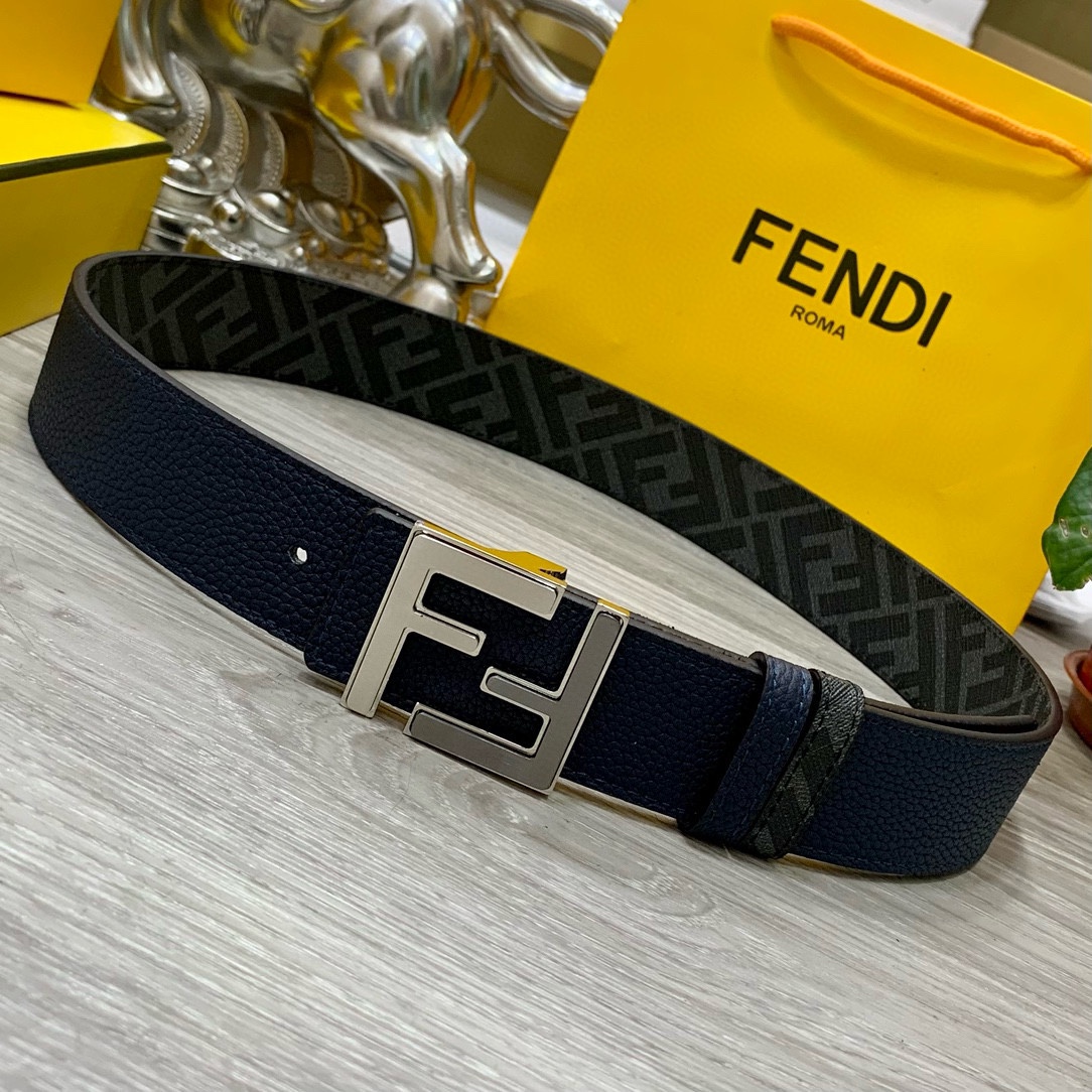 FENDI芬迪专柜同款宽4.0CM双环正反用腰带FF按钉搭扣CuoioRomano皮革材质反面面料带有烟