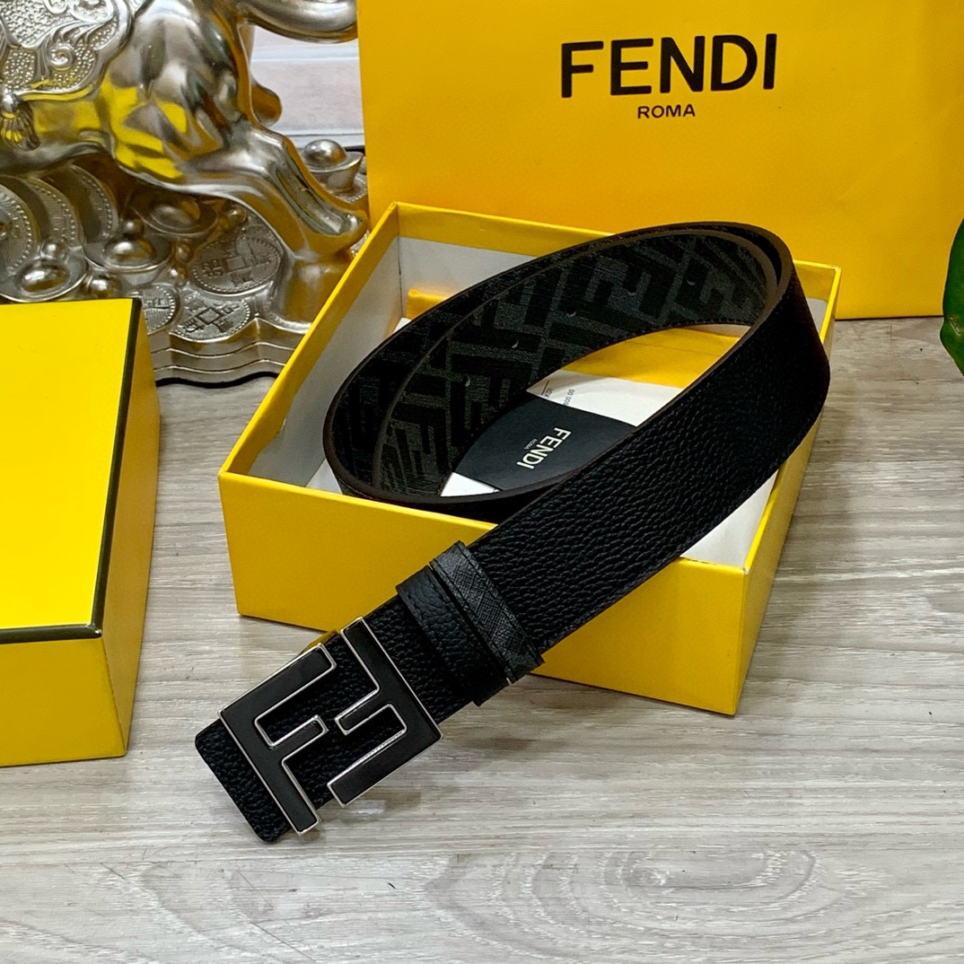 FENDI芬迪专柜同款宽4.0CM双环正反用腰带FF按钉搭扣CuoioRomano皮革材质反面面料带有烟