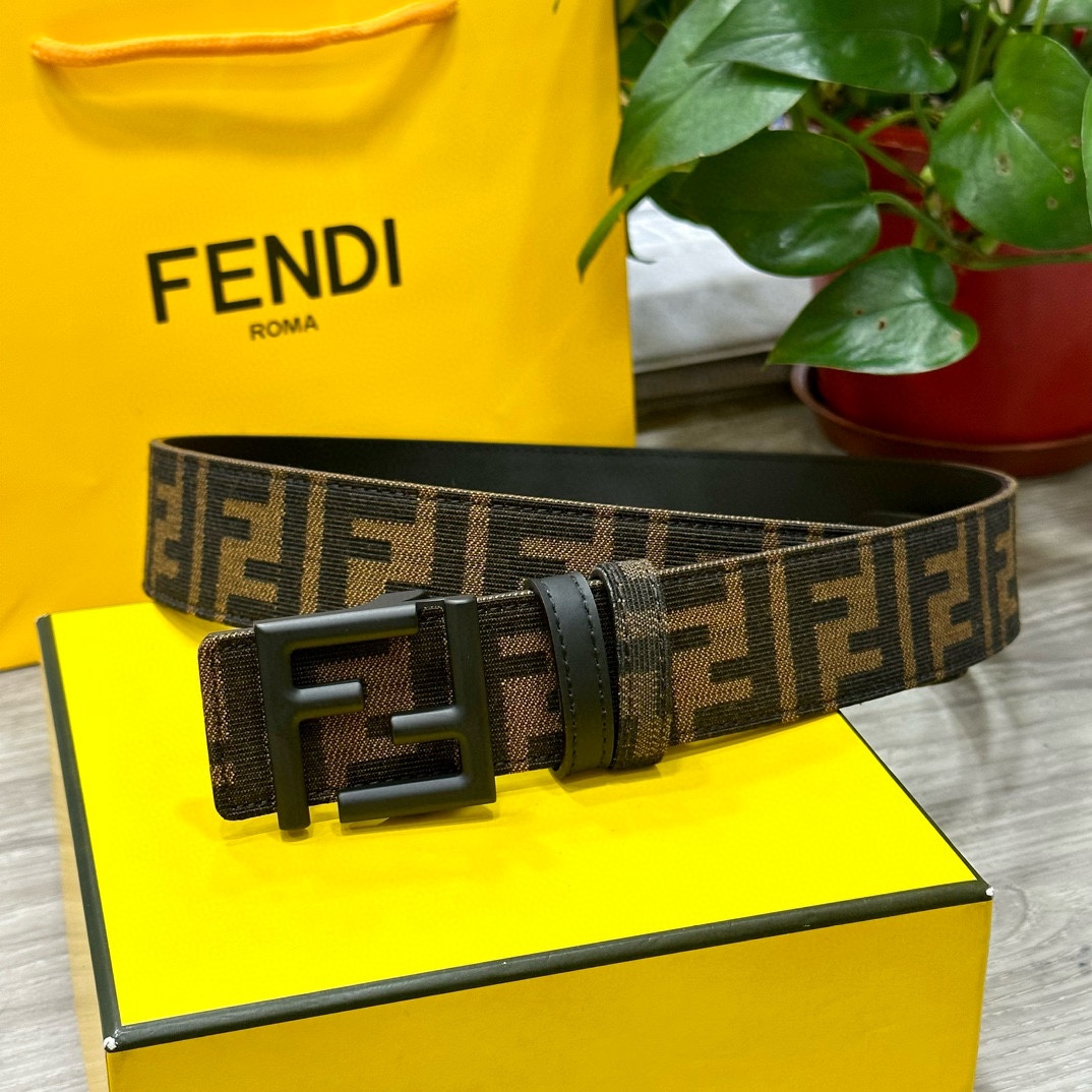 FENDl芬迪专柜同款宽3.8CM原版定制布料单环皮带钢扣FF图案布料材质黑色皮革内衬单钉镀钯金属配件时