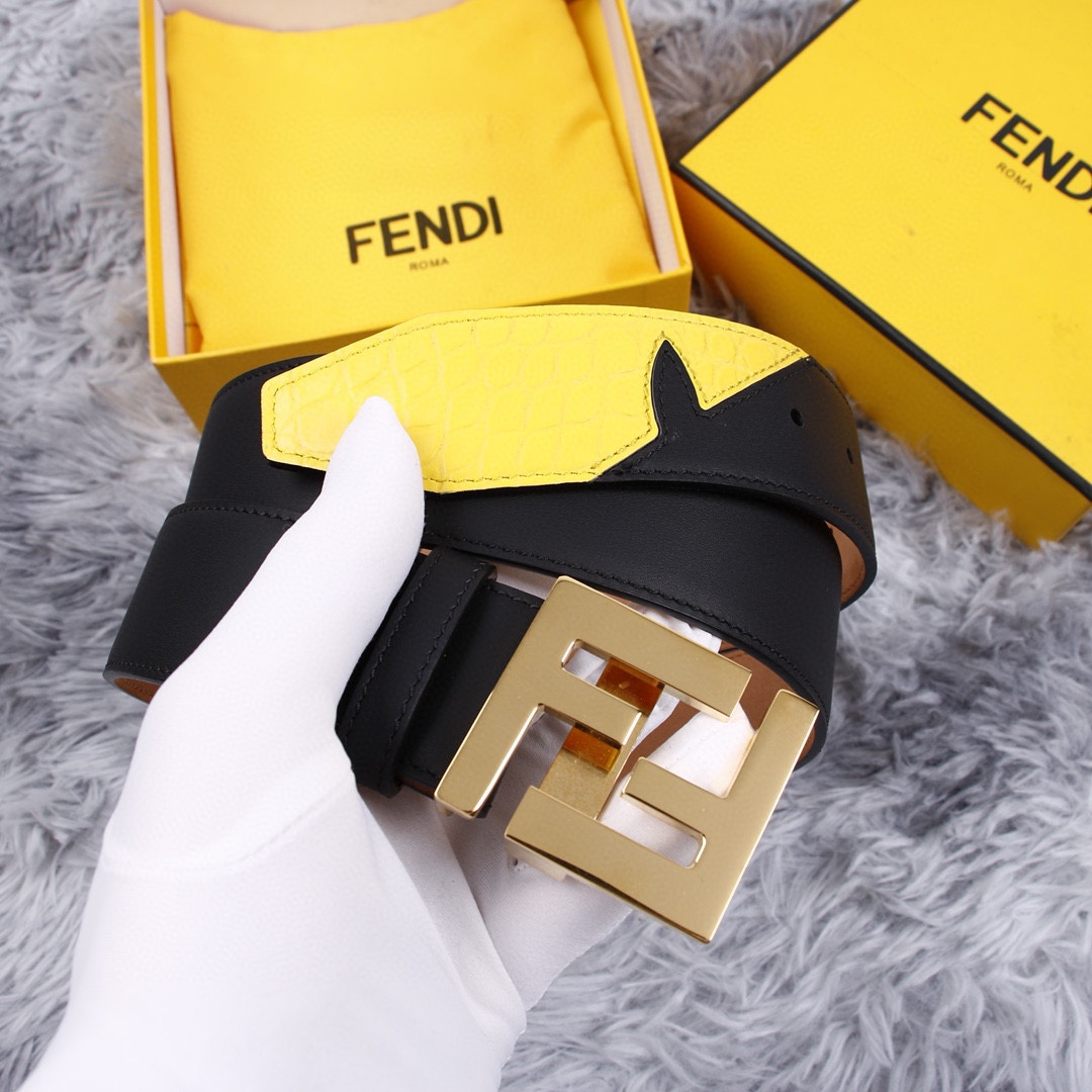 FENDI/芬迪专柜同款宽38MM标志造型宽皮带原版FF扣进口原版小牛皮制成镀金表面金属制品男士休闲商务