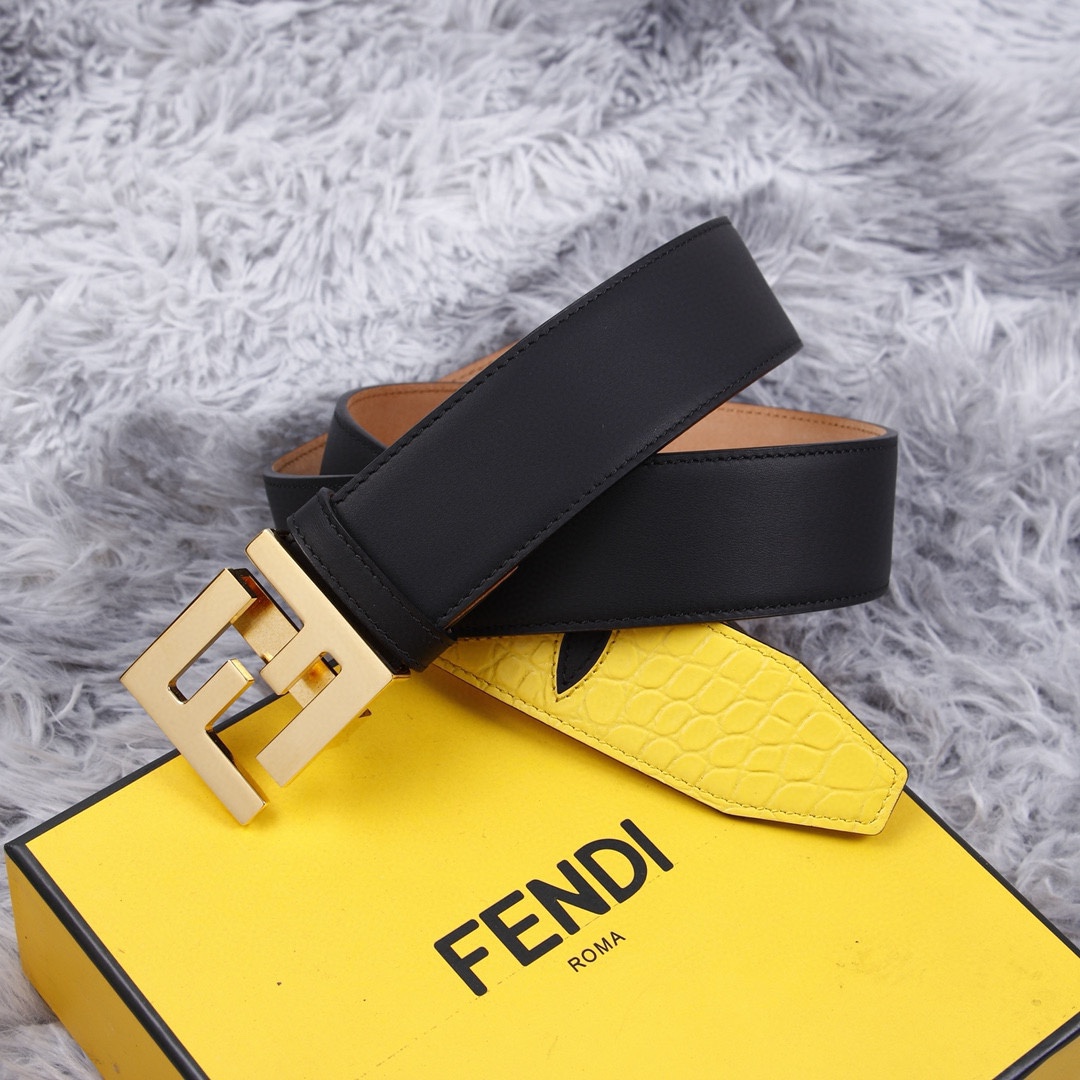 FENDI/芬迪专柜同款宽38MM标志造型宽皮带原版FF扣进口原版小牛皮制成镀金表面金属制品男士休闲商务