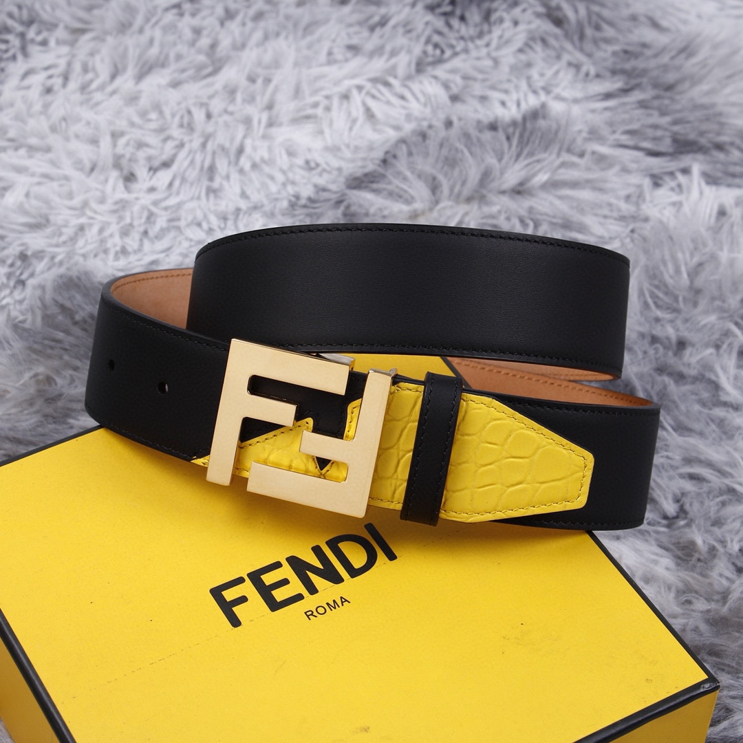 FENDI/芬迪专柜同款宽38MM标志造型宽皮带原版FF扣进口原版小牛皮制成镀金表面金属制品男士休闲商务