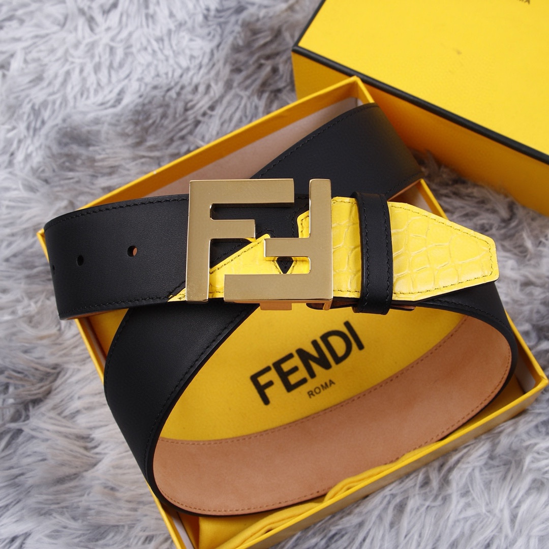 FENDI/芬迪专柜同款宽38MM标志造型宽皮带原版FF扣进口原版小牛皮制成镀金表面金属制品男士休闲商务