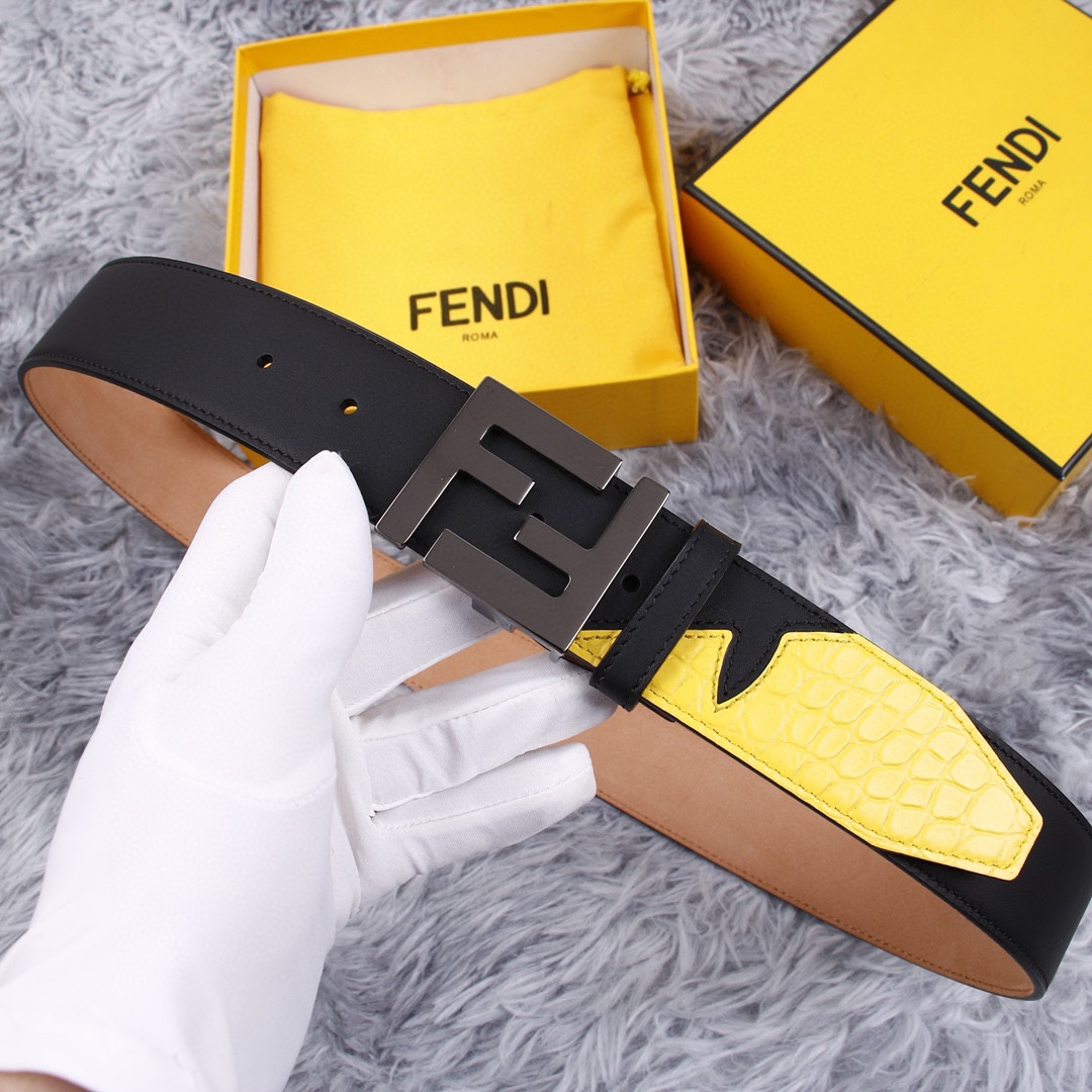 FENDI/芬迪专柜同款宽38MM标志造型宽皮带原版FF扣进口原版小牛皮制成镀金表面金属制品男士休闲商务