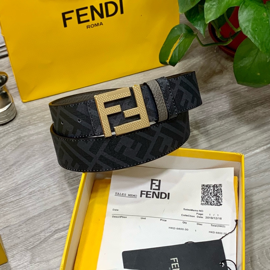 FENDI芬迪专柜同款宽4.0CM双环正反用腰带FF按钉搭扣灰色CuoioRomano皮革材质反面面料带