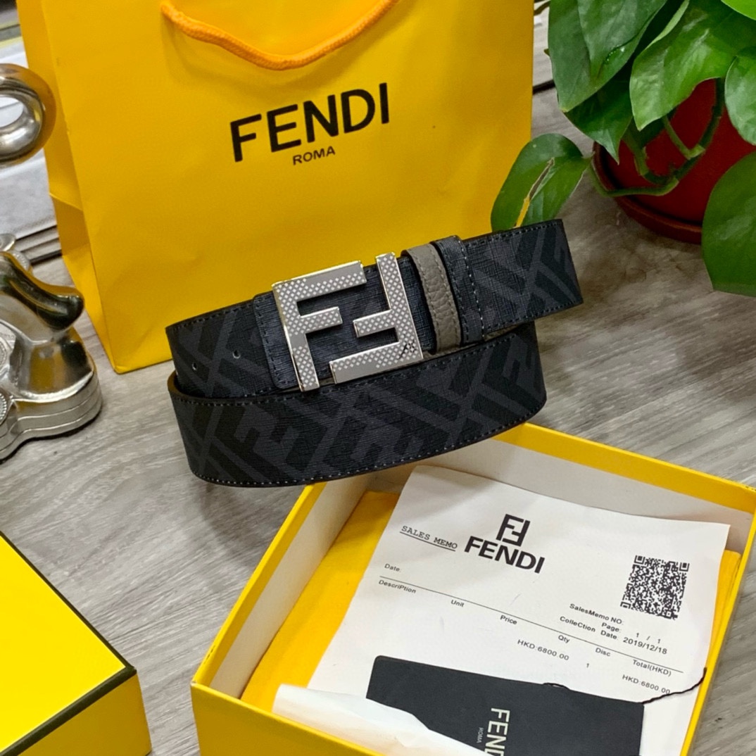 FENDI芬迪专柜同款宽4.0CM双环正反用腰带FF按钉搭扣灰色CuoioRomano皮革材质反面面料带