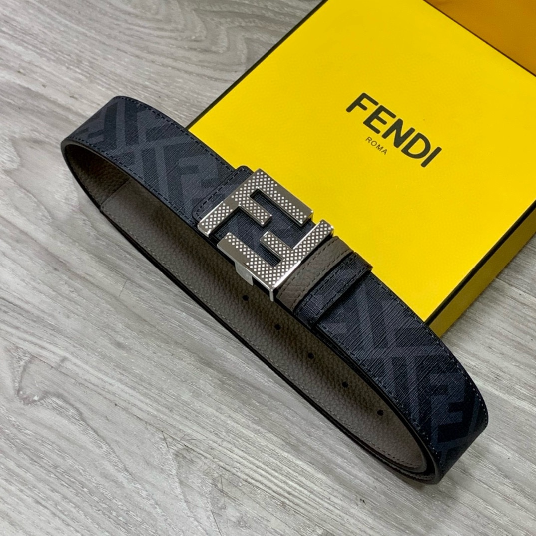 FENDI芬迪专柜同款宽4.0CM双环正反用腰带FF按钉搭扣灰色CuoioRomano皮革材质反面面料带