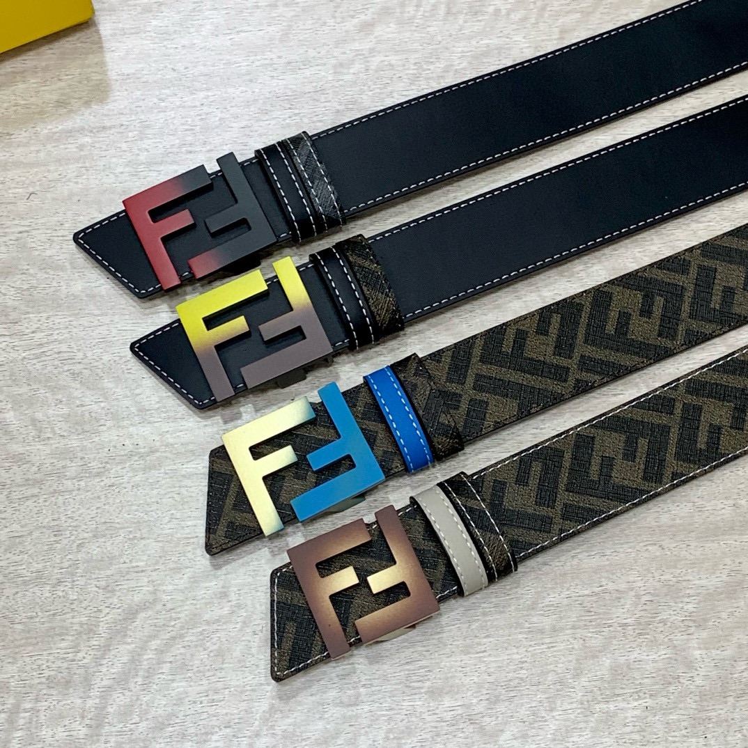 FENDI芬迪专柜同款宽4.0CM双环正反用腰带FF按钉搭扣灰色CuoioRomano皮革材质反面面料带