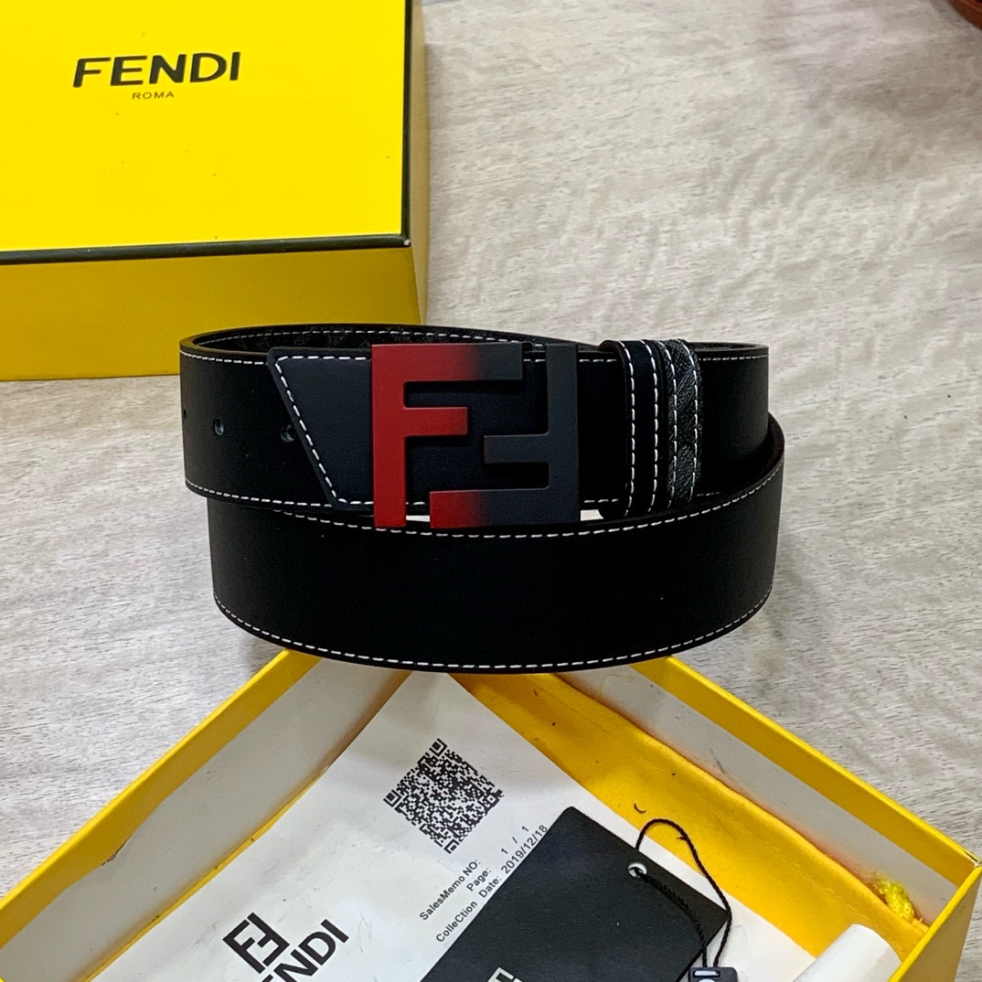 FENDI芬迪专柜同款宽4.0CM双环正反用腰带FF按钉搭扣黑色CuoioRomano皮革材质反面面料带