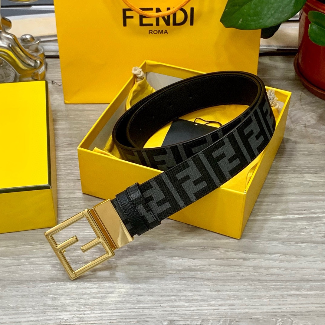 FENDI芬迪专柜同款宽4.0CM双环正反用腰带FF按钉搭扣黑色CuoioRomano皮革材质反面面料带