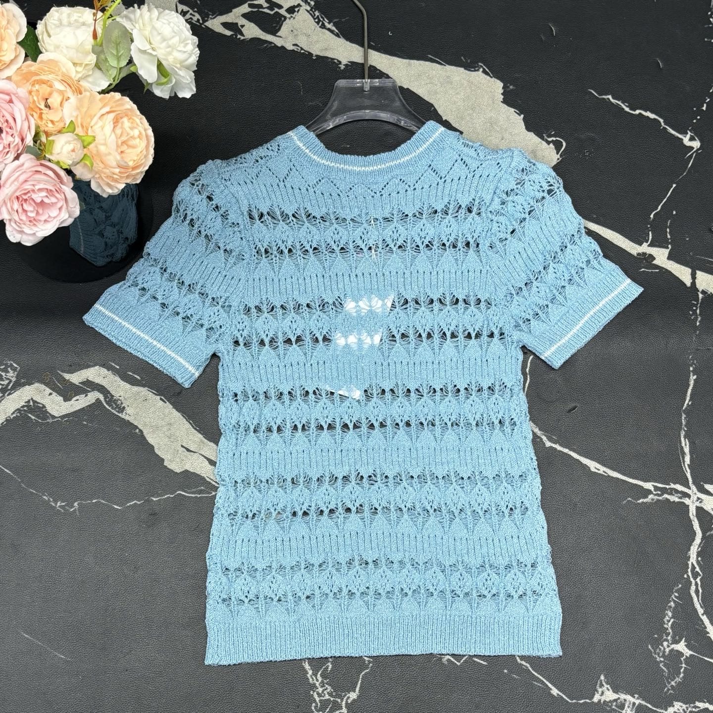 Chanel Women's Light Blue Short Sleeve Knit Top with Logo Detail 6 i1750828414487 9166 0 6