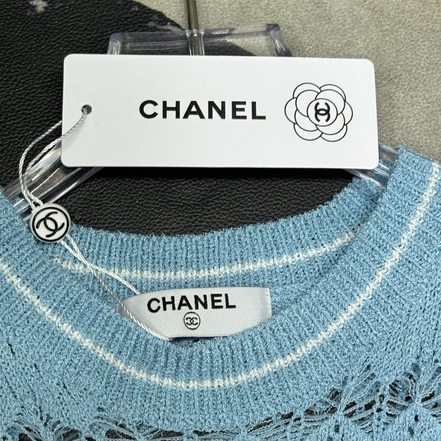 Chanel Women's Light Blue Short Sleeve Knit Top with Logo Detail 2 i1750828414521 3260 0 1
