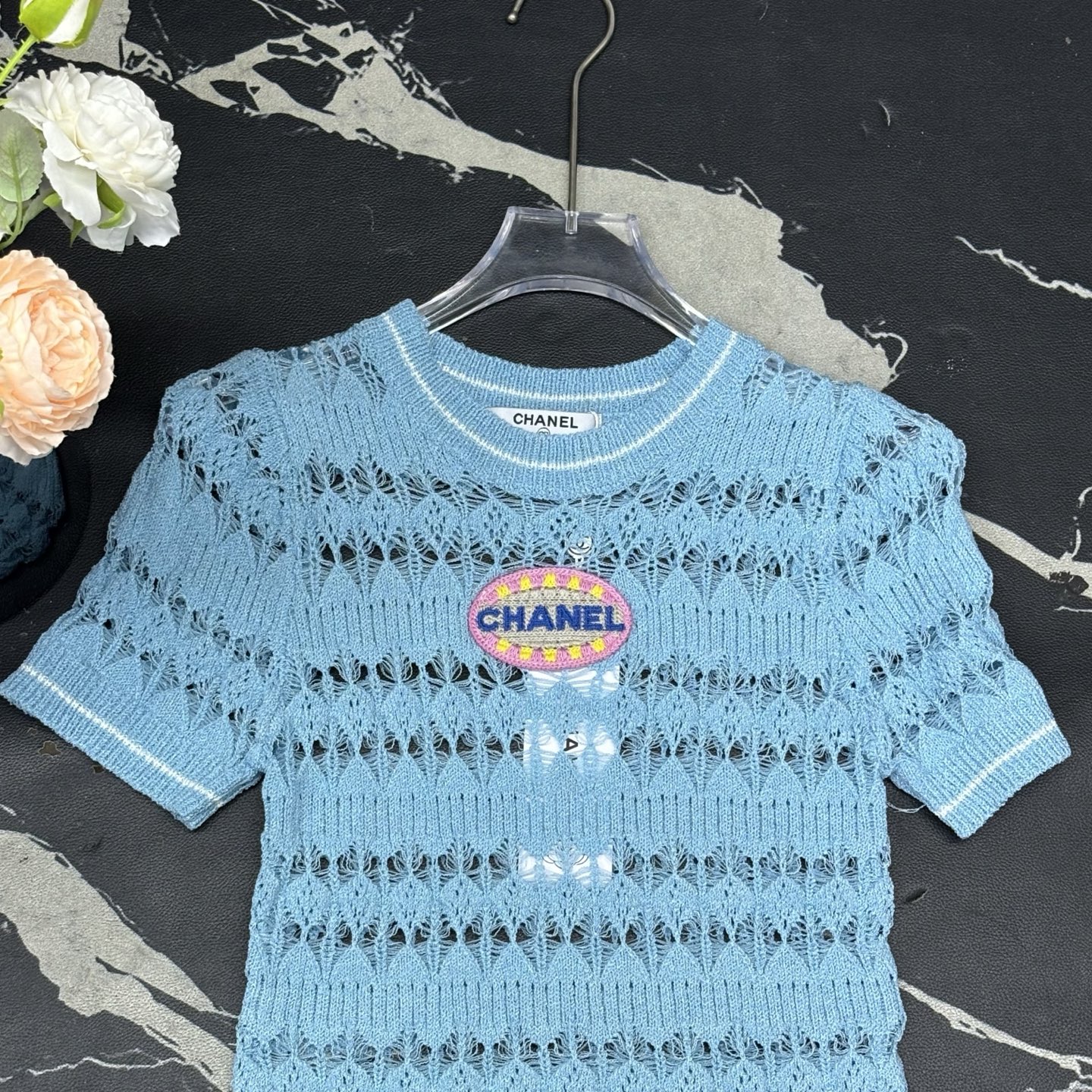 Chanel Women's Light Blue Short Sleeve Knit Top with Logo Detail 3 i1750828414532 5846 0 2