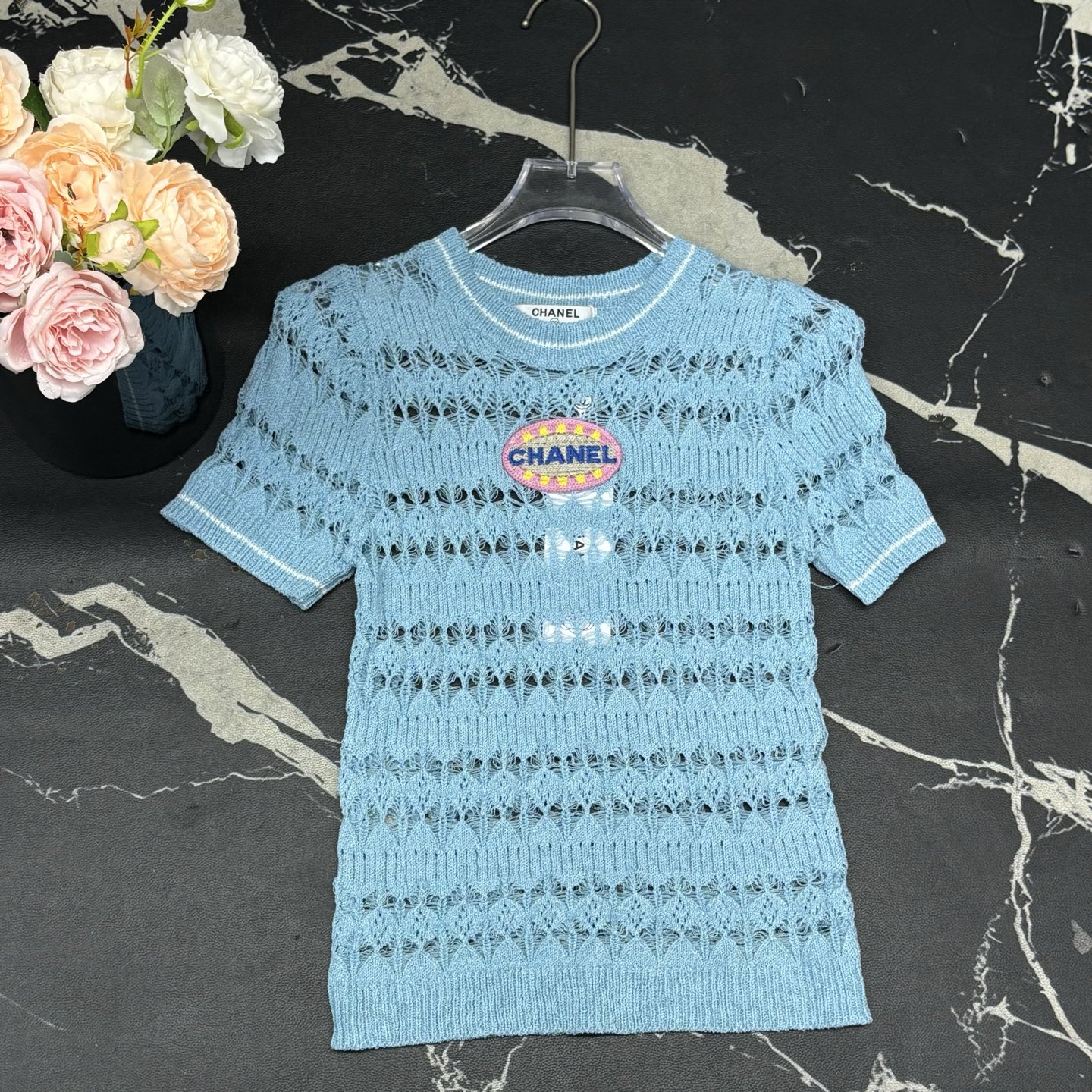 Chanel Women's Light Blue Short Sleeve Knit Top with Logo Detail 1 i1750828414583 4206 0 0
