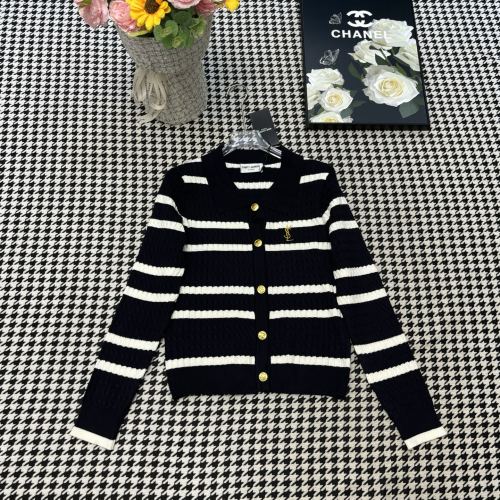Yves Saint Laurent Striped Knit Cardigan Sweater with Embroidered Logo 1 Yves Saint Laurent Striped Knit Cardigan Sweater with Embroidered Logo