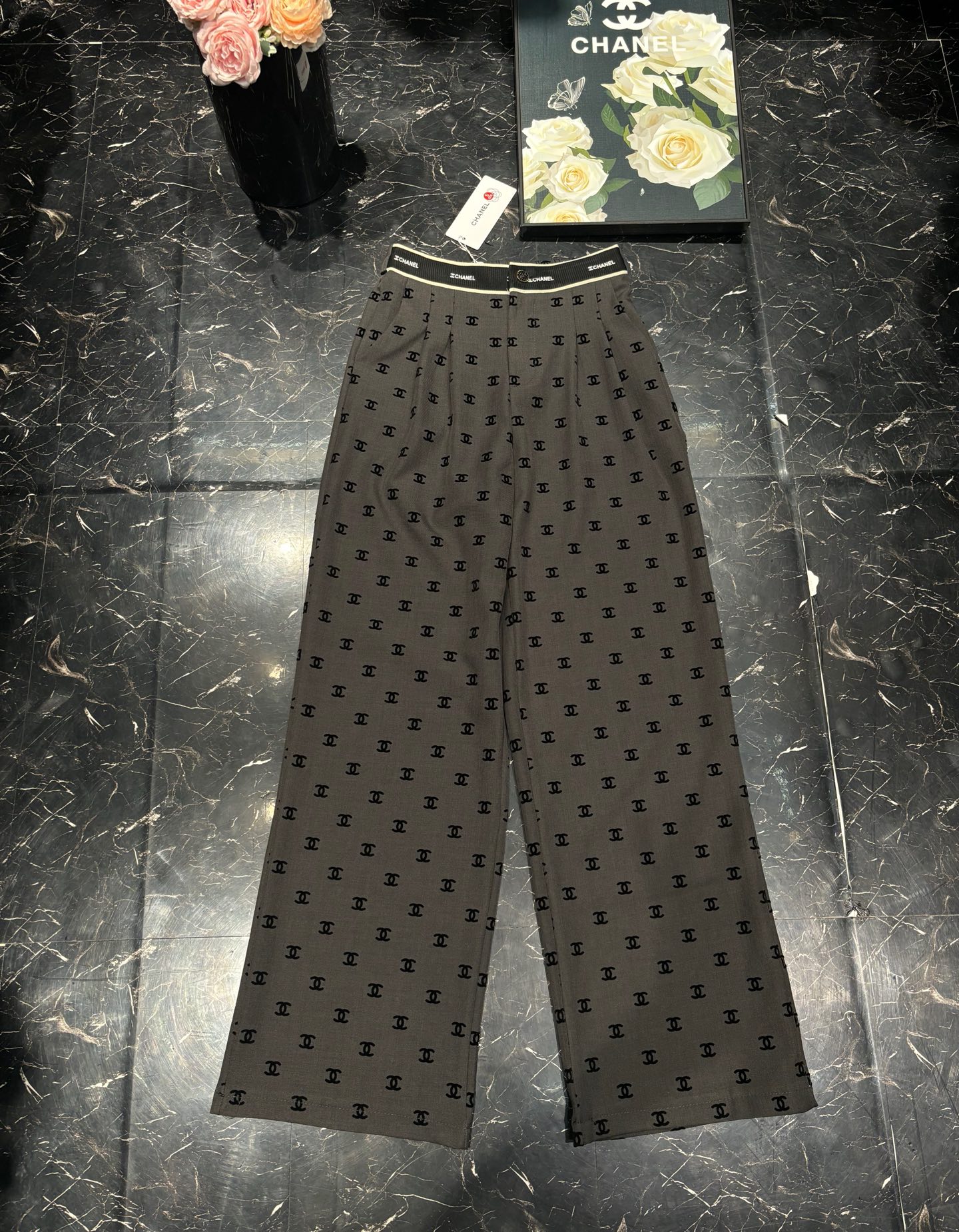 Chanel High-Waisted Wide Leg Trousers with All-Over Logo - Slim Fit