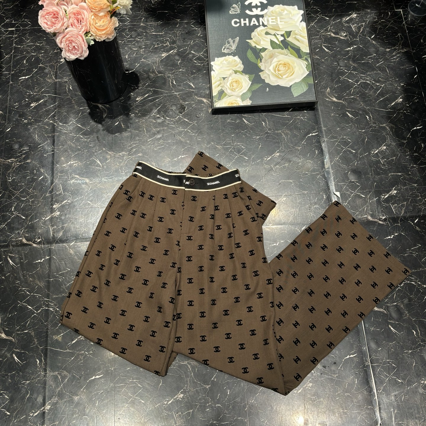 Chanel High-Waisted Wide-Leg Trousers with All-Over Logo Print