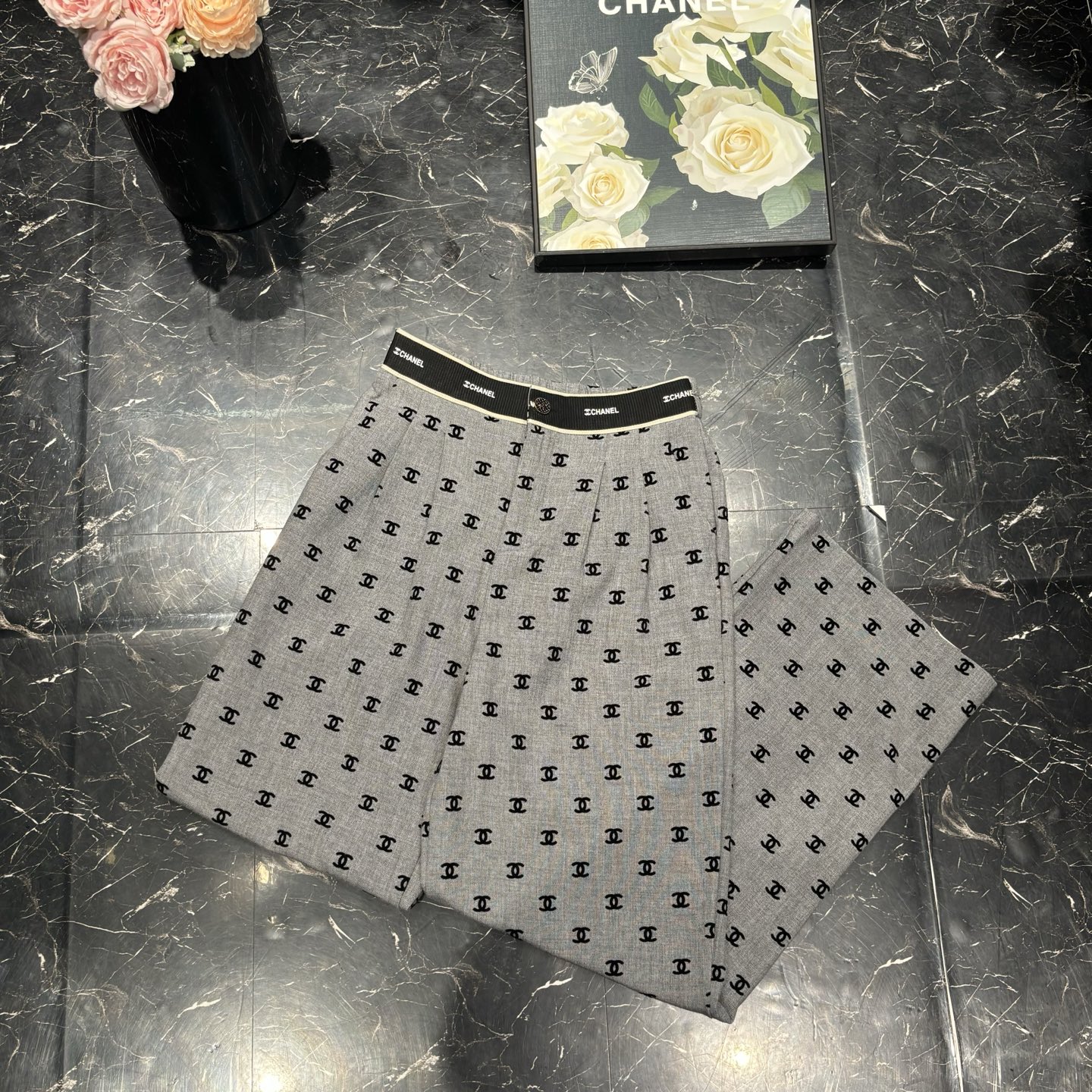 Chanel High-Waisted Wide-Leg Trousers with All-Over Logo Pattern