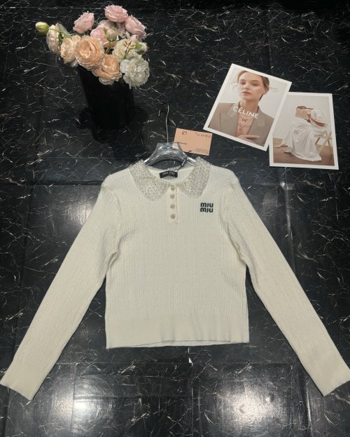Miu Miu Beaded Lace Collar Knit Sweater Elegant Long Sleeve Pullover Top 1 Miu Miu Beaded Lace Collar Knit Sweater Elegant Long Sleeve Pullover Top