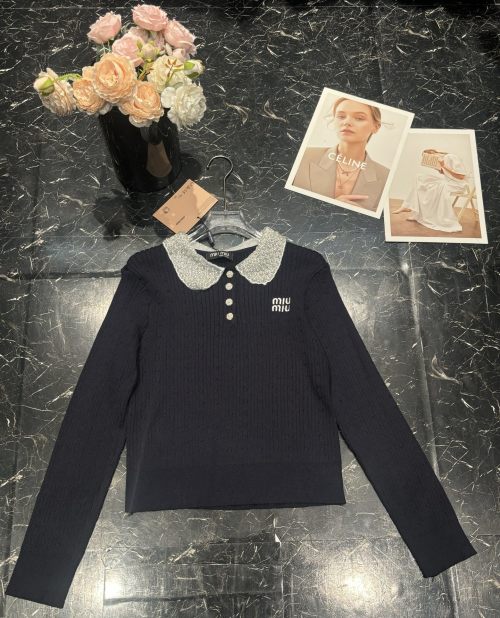 Miu Miu Women's Beaded Lace Collar Ribbed Knit Sweater Top 1 Miu Miu Women's Beaded Lace Collar Ribbed Knit Sweater Top