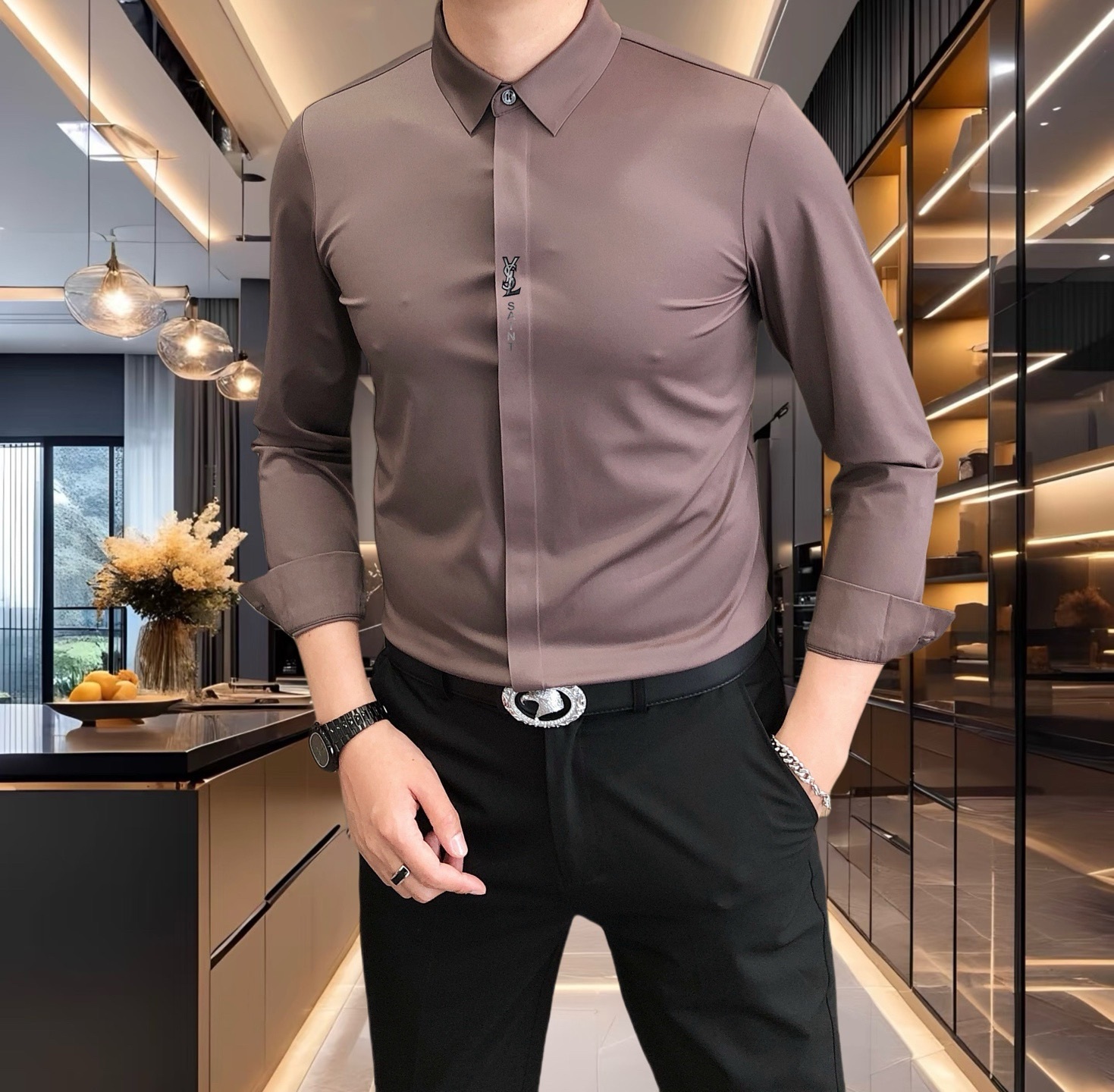 Luxurious Platinum Class Men’s Fashion Shirt with Italian Silk, Stylish and Sophisticated Design - 图片 6